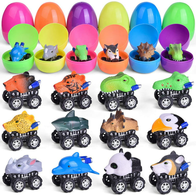 12 Pcs Printed Bright Easter Eggs with 12 Pcs Mini Pull back car 2.25 Bright Colorful Surprise Eggs Party Favor Gifts with Translucent Pull Back Vehicles 